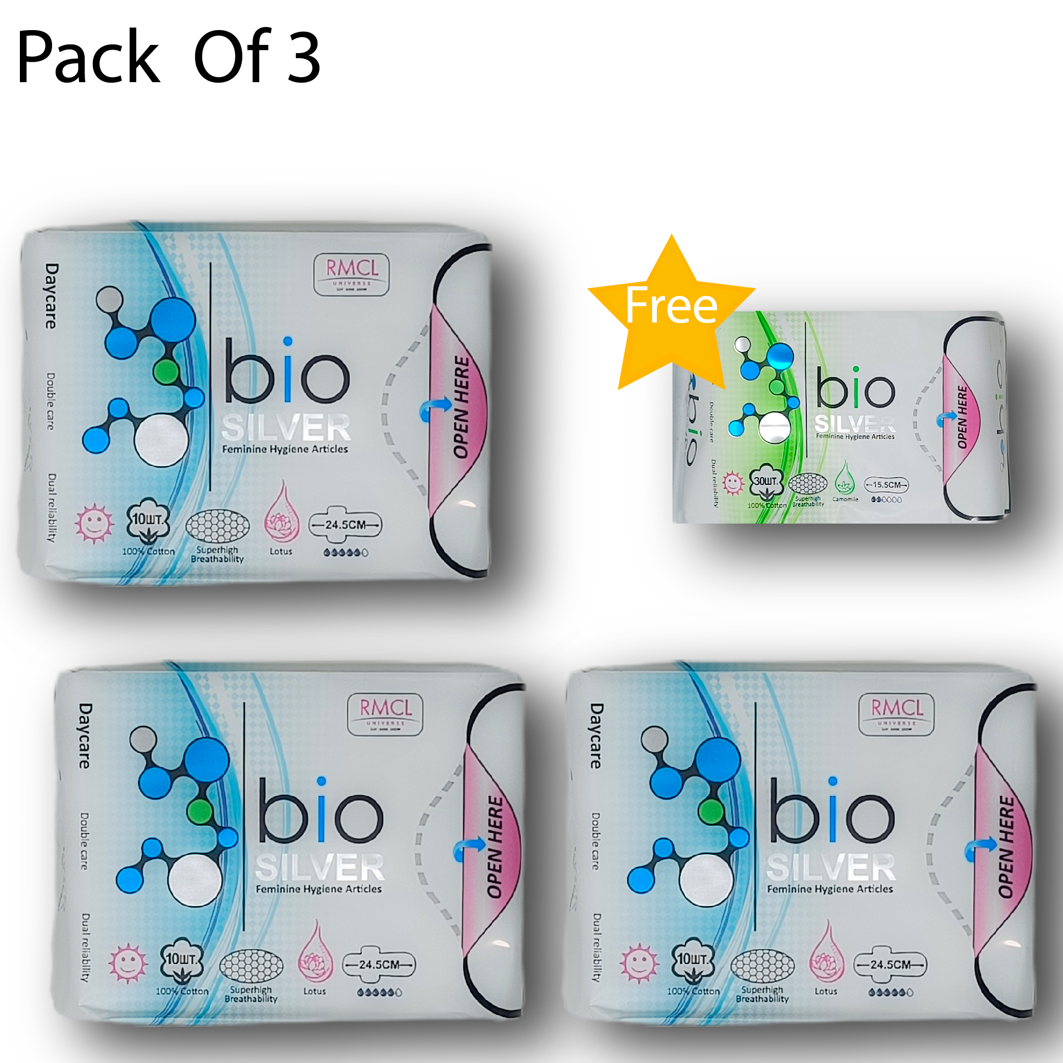 Bio Silver Sanitary Pad  Day - (Pack Of 3+1 (3 Pcs Day + 1 Pcs pantiliner))