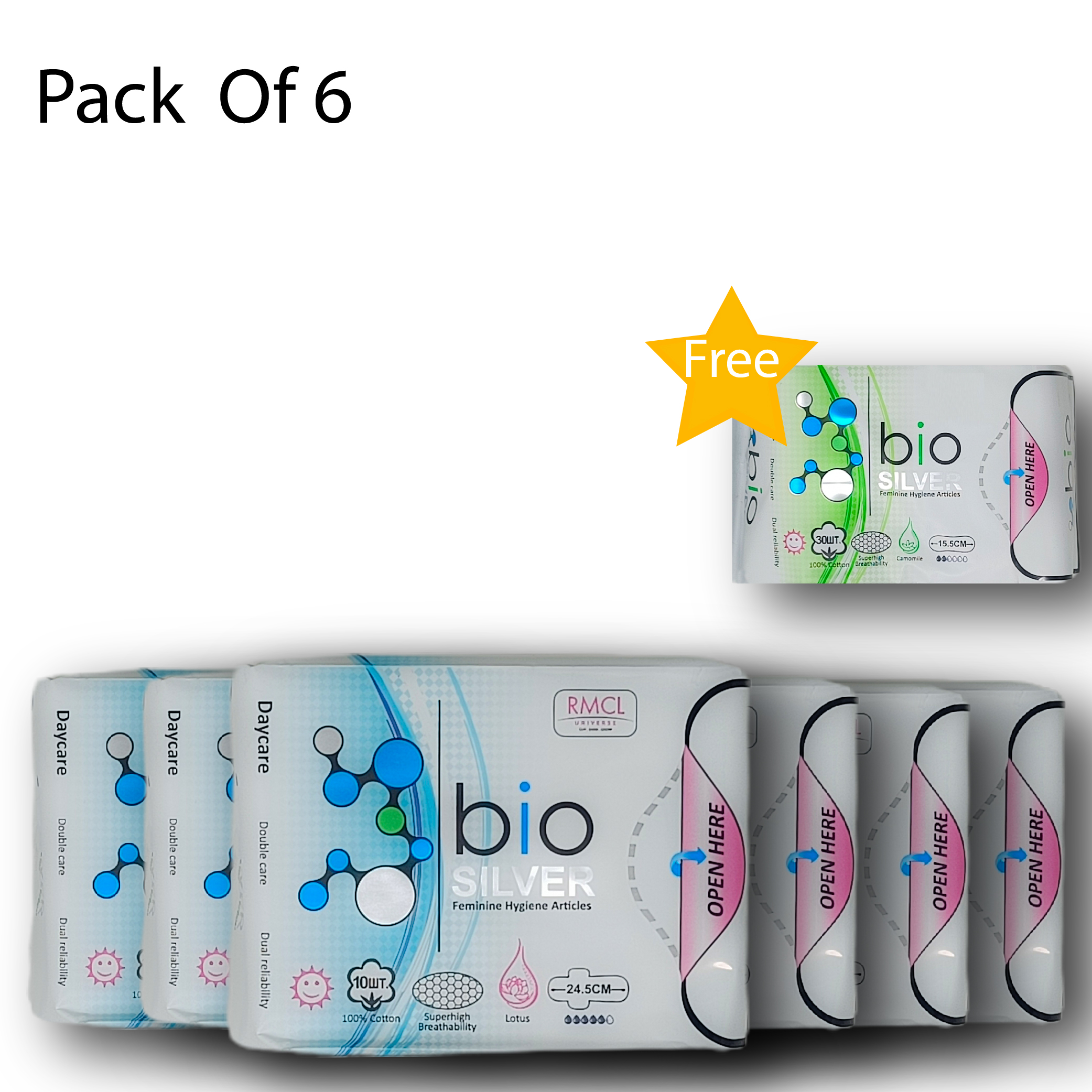 Bio Silver Sanitary Pad  Day - (Pack Of 6+2 (6 Pcs Day + 2 Pcs pantiliner))