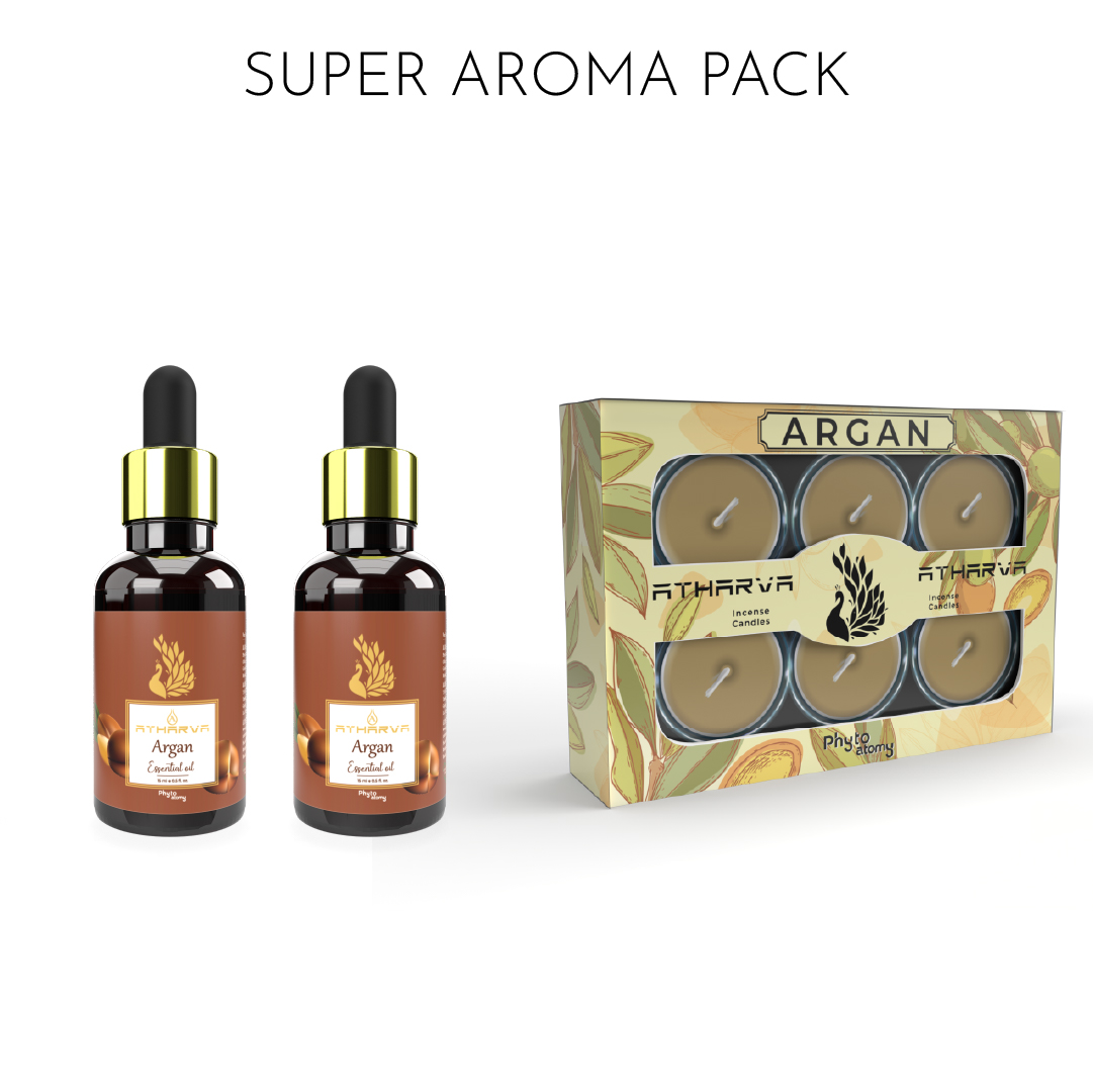 Two Bottles of Atharva Argan Essential Oil (15ml) + One pack of Argan Atharva Incense Candles (12 Pcs.)