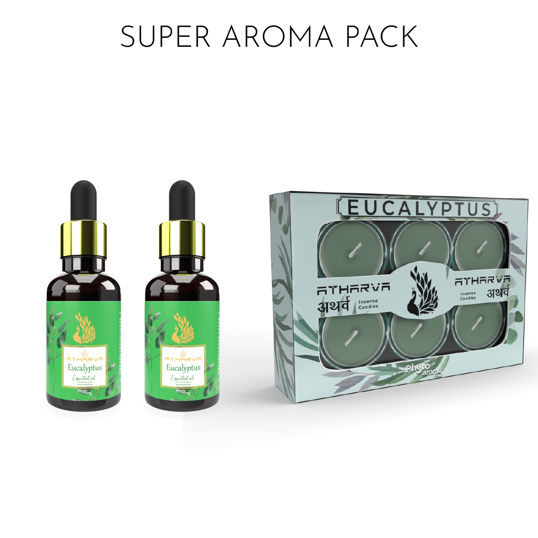 Two Bottles of Atharva Eucalyptus Essential Oil (15ml) + One pack of Eucalyptus Atharva Incense Candles (12 Pcs.)