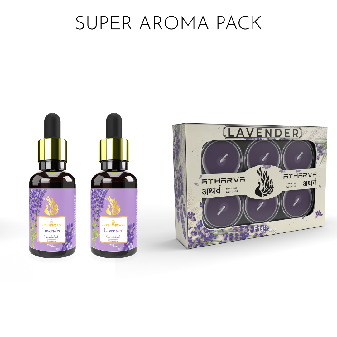 Two Bottles of Atharva Lavender Essential Oil (15ml)+ One pack of Lavender Atharva Incense Candles (12 Pcs.)