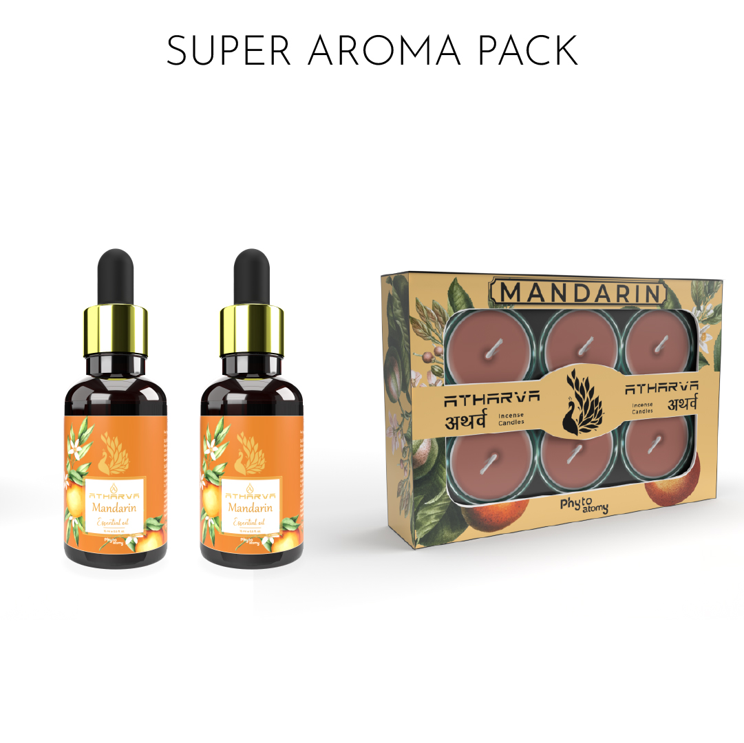 Two Bottles of Atharva Mandarin Essential Oil (15ml)+ One pack of Peppermint Atharva Incense Candles (12 Pcs.)